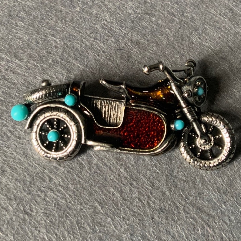 Vintage Motorcycle with Sidecar Brooch Pin Silver Tone Enamel Turquoise Accents
